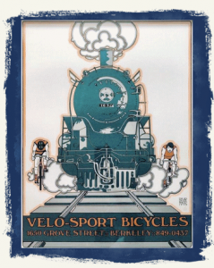Velo Sport Bicycles poster by David Lance Goines, showing two cyclists riding next to a train heading towards the viewer.